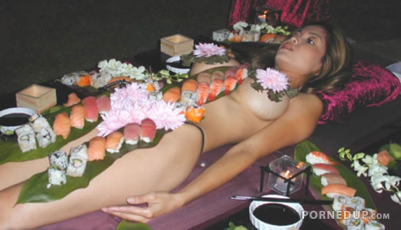 naked babe with sushi on her