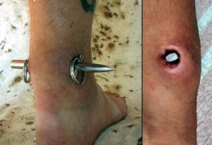 crazy piercing through his ankle