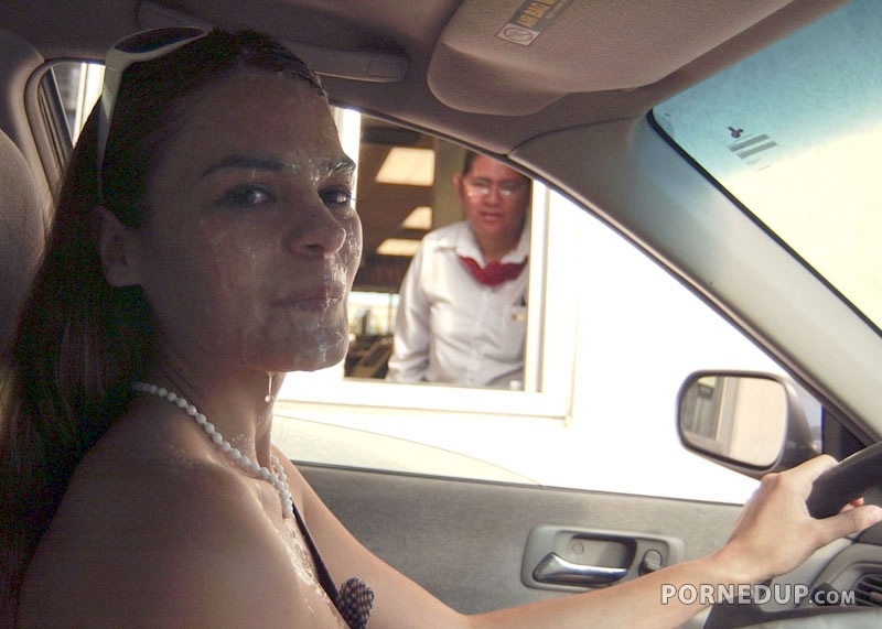 woman with cum all over her face goes through drive through