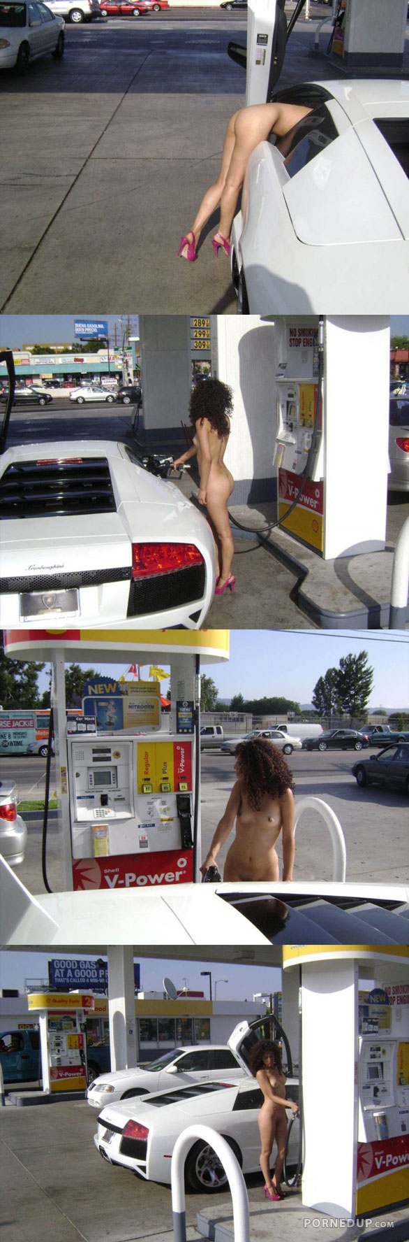 naked woman filling up car with gas