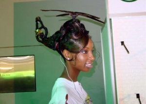 black chick has helicopter hairstyle