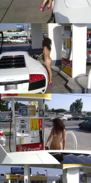 naked woman filling up car with gas