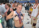 Big nose girl flashing her boobs while guy gawks