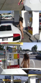 Naked woman filling up car with gas