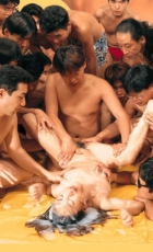 Tons of guys cum over her during bukkake time