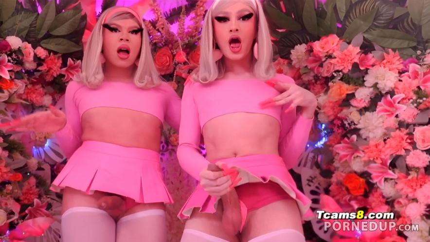 Two hot Futanari's stroking and teasing on cam